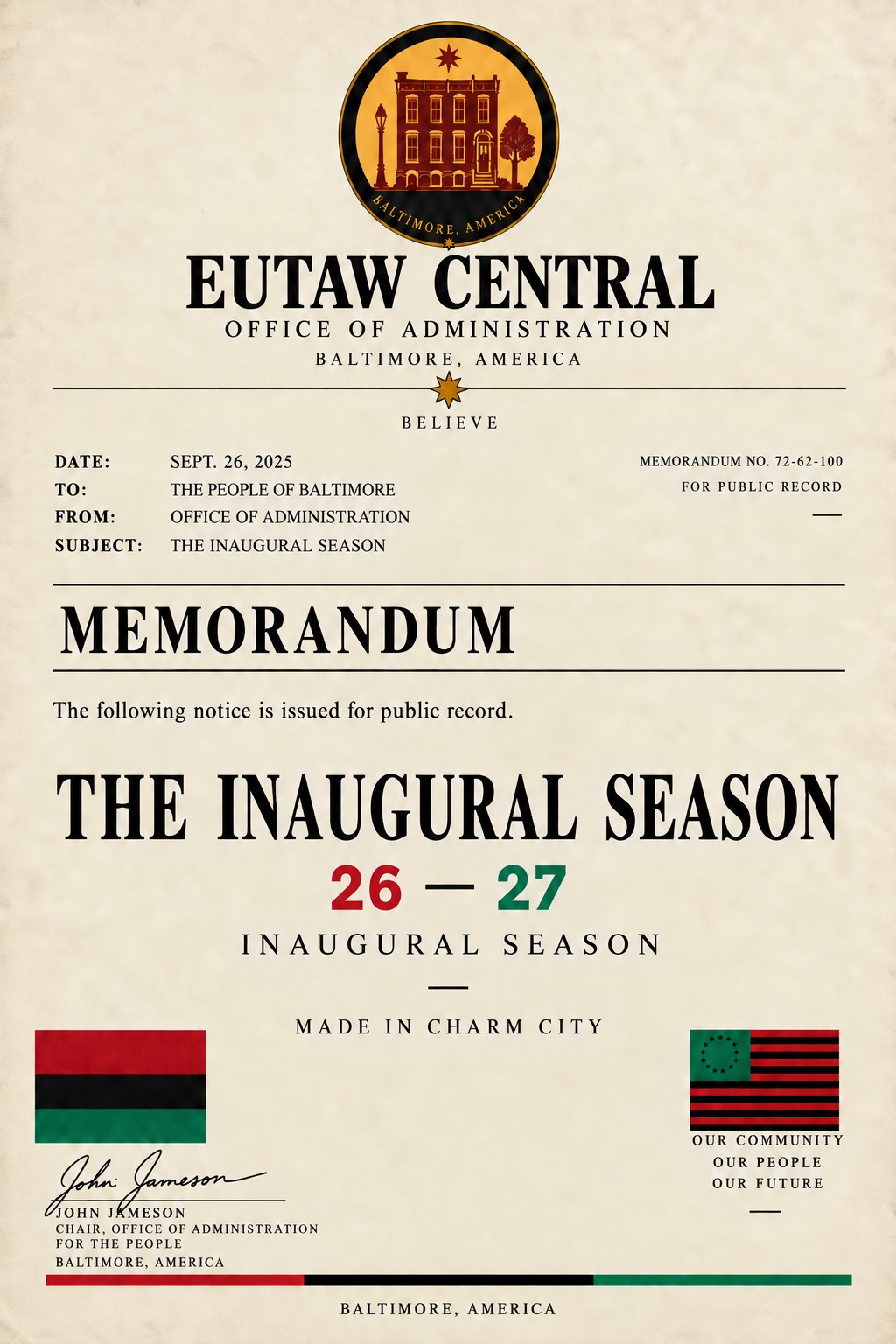 Eutaw Central memorandum announcing The Inaugural Season, dated September 26, 2025