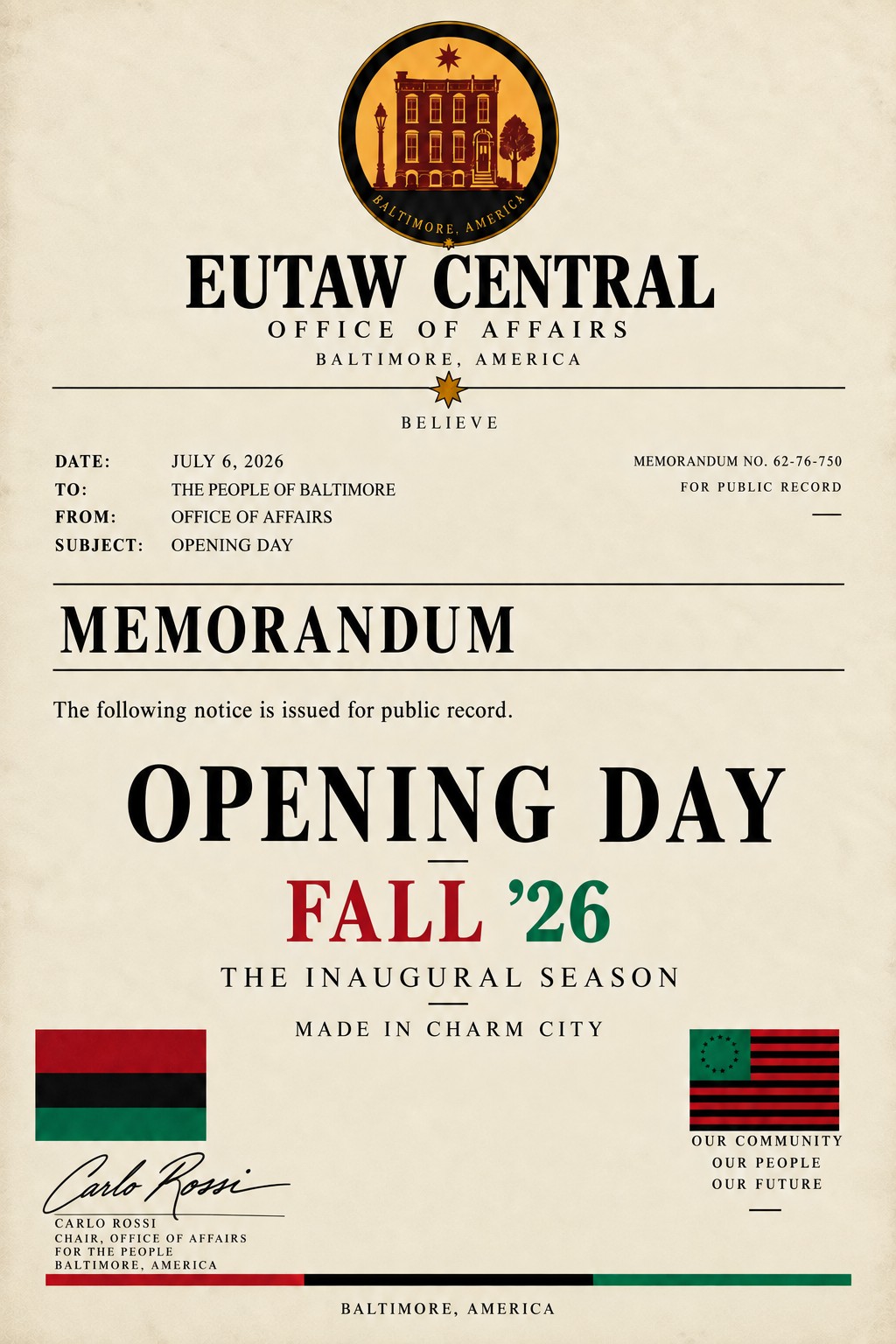 Eutaw Central memorandum announcing Opening Day, dated July 6, 2026